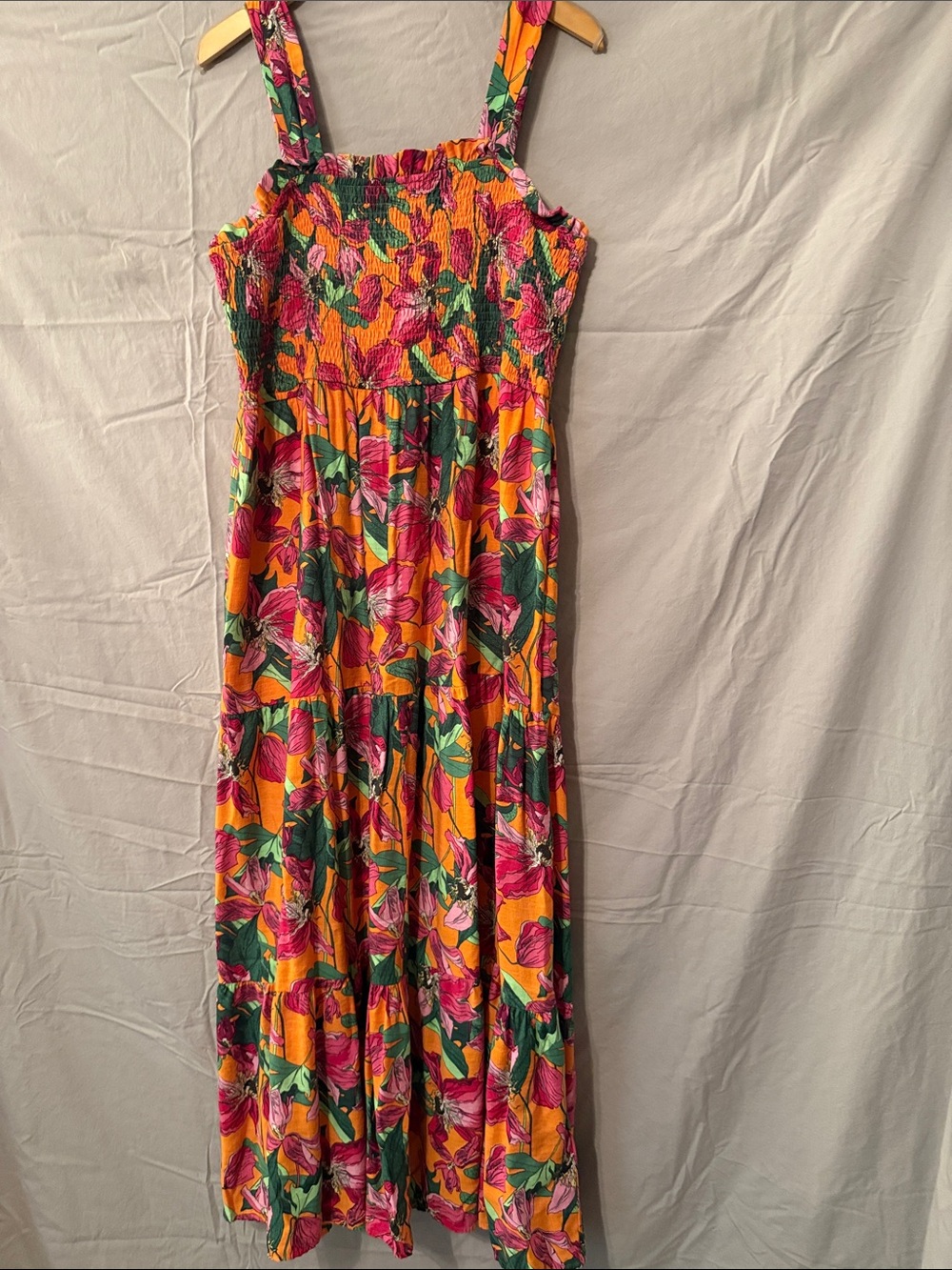Express Smocked Floral Maxi Dress in Orange, Pink, and Green